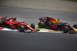 Kimi Raikkonen, Ferrari SF70H, Max Verstappen, Red Bull Racing RB13, rejoin in vain after contact that ended their race for the day