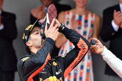 Race winner Daniel Ricciardo, Red Bull Racing celebrates on the podium with a shoey