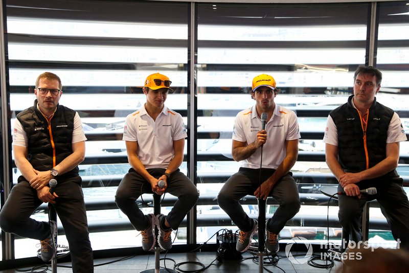 Andreas Seidl, Team Principal, McLaren, Lando Norris, McLaren, Carlos Sainz Jr., McLaren, and James Key, Technical Director, McLaren, hold a Press Conference
