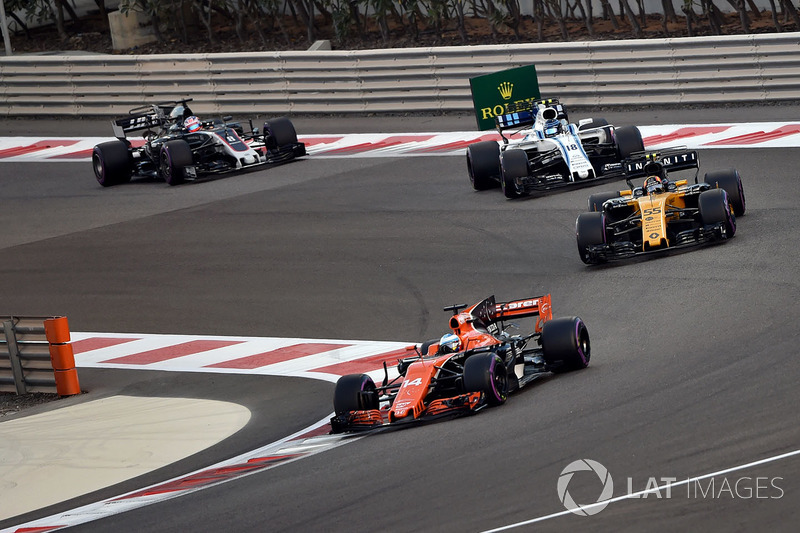 Fernando Alonso, McLaren MCL32, Carlos Sainz Jr., Renault Sport F1 Team RS17, Lance Stroll, Williams FW40 ve Romain Grosjean, Haas F1 Team VF-17