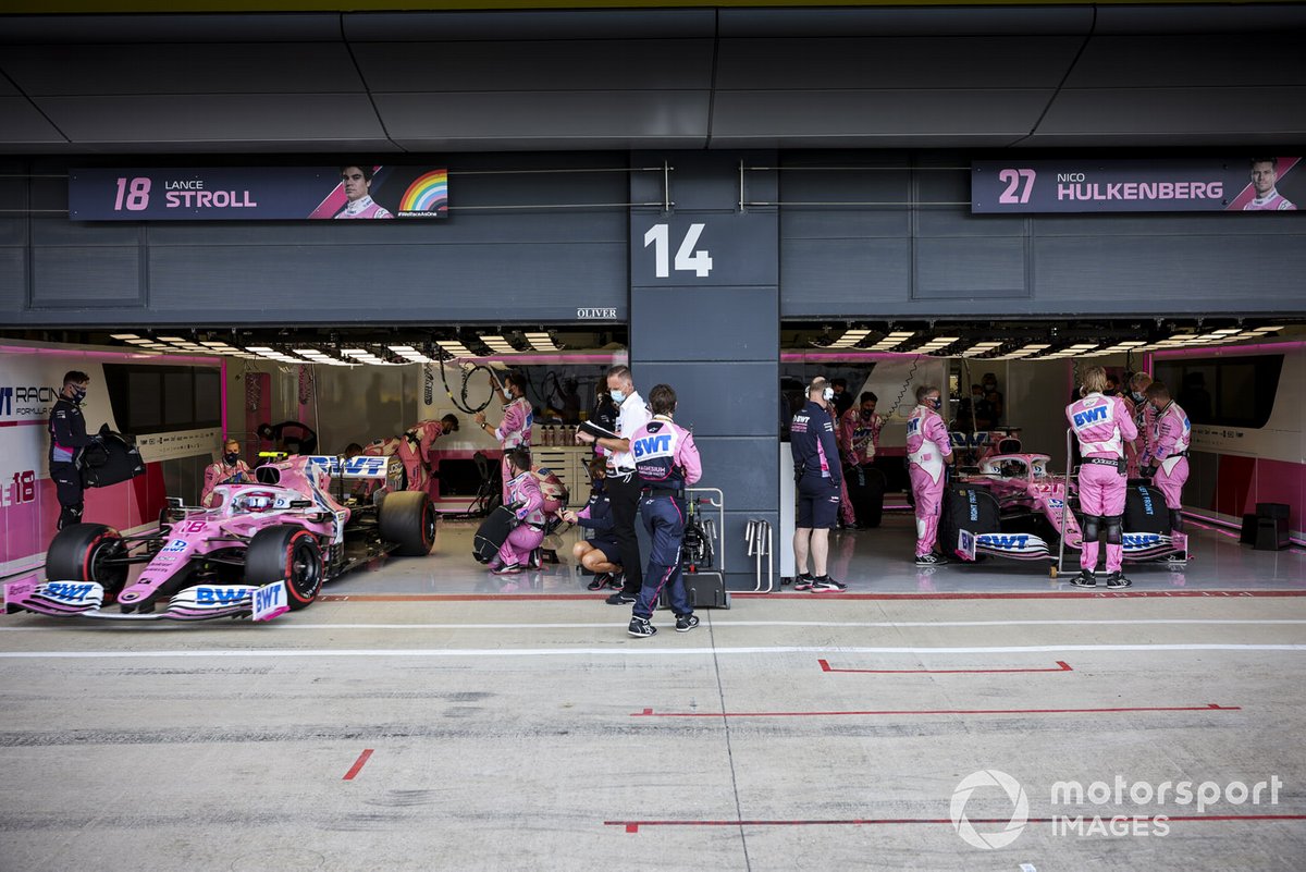 Lance Stroll, Racing Point RP20 and Nico Hulkenberg, Racing Point RP20