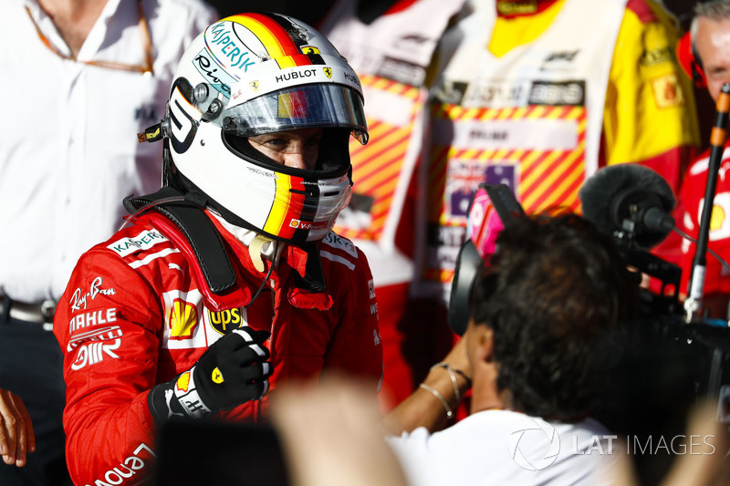Race winner Sebastian Vettel, Ferrari, celebrates on arrival in Parc Ferme