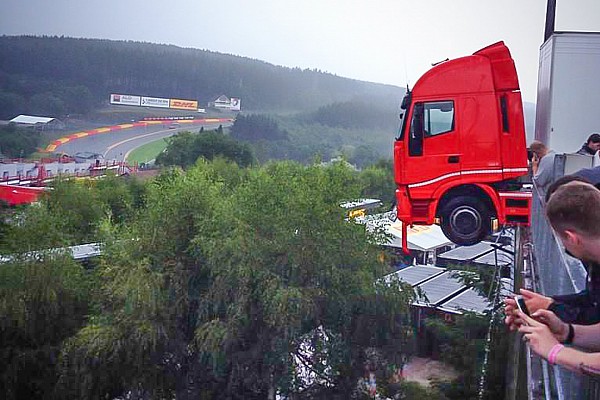 Stunning sight as car falls off paddock and truck hangs on the ledge at Spa-Francorchamps