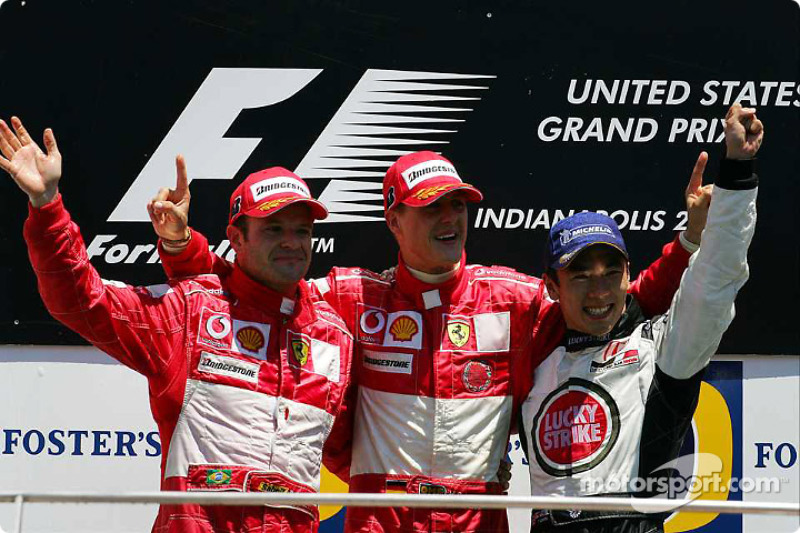 2004: 1. Michael Schumacher, 2. Rubens Barrichello, 3. Takuma Sato