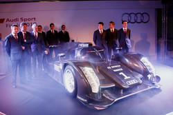 The 2011 Audi R18 TDI with the Audi work drivers: Tom Kristensen, Rinaldo Capello, Allan McNish, André Lotterer, Marcel Fässler, Benoit Tréluyer, Mike Rockenfeller, Timo Bernhard and Romain Dumas