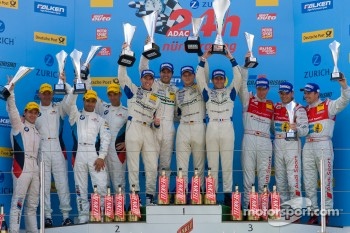 Podium: race winners Marc Lieb, Lucas Luhr, Romain Dumas, Timo Bernhard, second place Jorg Muller, Augusto Farfus Jr., Uwe Alzen, Pedro Lamy, third place Marc Basseng, Marcel Fässler, Frank Stippler