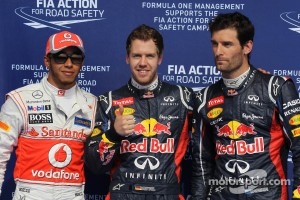 Qualifying results, 2nd Lewis Hamilton, McLaren Mercedes with 1st Sebastian Vettel, Red Bull Racing and 3rd Mark Webber, Red Bull Racing