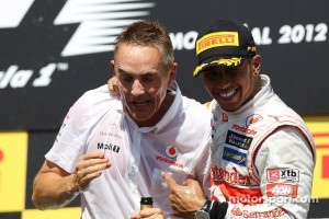 Race winner Lewis Hamilton, McLaren Mercedes celebrates on the podium with Martin Whitmarsh, McLaren Mercedes Chief Executive Officer
