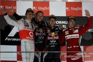 Podium: race winner Sebastian Vettel, Red Bull Racing, second place Jenson Button, McLaren Mercedes, third place Fernando Alonso, Scuderia Ferrari
