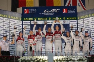 Overall podium: winners Marcel Fässler, Benoit Tréluyer, Andre Lotterer, second place Tom Kristensen, Allan McNish, third place Nick Leventis, Danny Watts, Jonny Kane