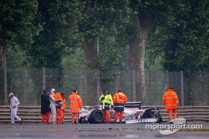 Loic Duval out of the #2 Audi Sport Team Joest Audi R18 e-tron quattro after crashing heavily at Tertre Rouge,