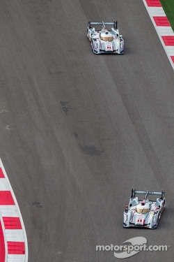 #1 Audi Sport Team Joest Audi R18 e-tron quattro: André Lotterer, Benoit Tréluyer, Marcel Fässler #2 Audi Sport Team Joest Audi R18 e-tron quattro: Tom Kristensen, Loic Duval, Allan McNish