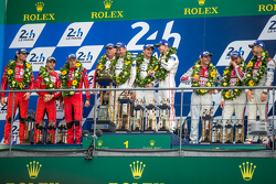 LMP1 podium: class and overall winners Porsche Team: Nico Hulkenberg, Nick Tandy, Earl Bamber, second place Porsche Team: Timo Bernhard, Mark Webber, Brendon Hartley, third place Audi Sport Team Joest Audi R18 e-tron quattro: Marcel Fässler, Andre Lotterer