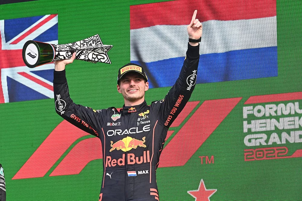 Max Verstappen, Red Bull Racing, 1st position, lifts his trophy