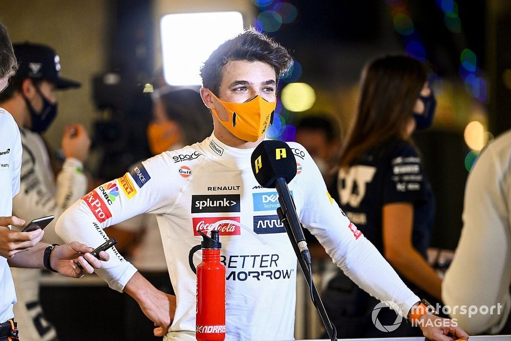 Lando Norris, McLaren speaks to the media