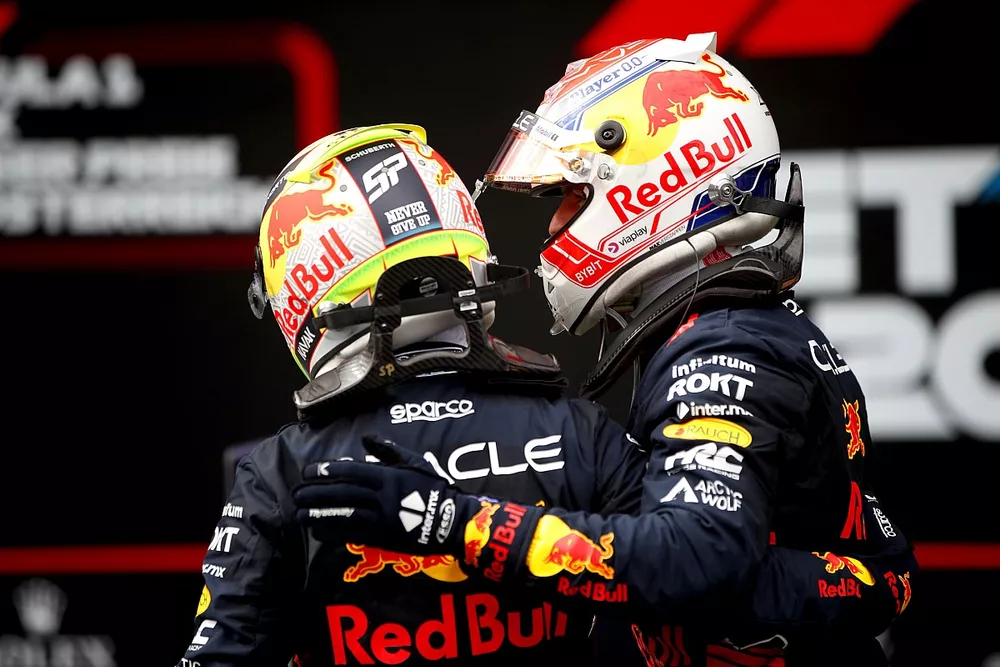 Max Verstappen, Red Bull Racing, 1st position, Sergio Perez, Red Bull Racing, 3rd position, congratulate each other in Parc Ferme