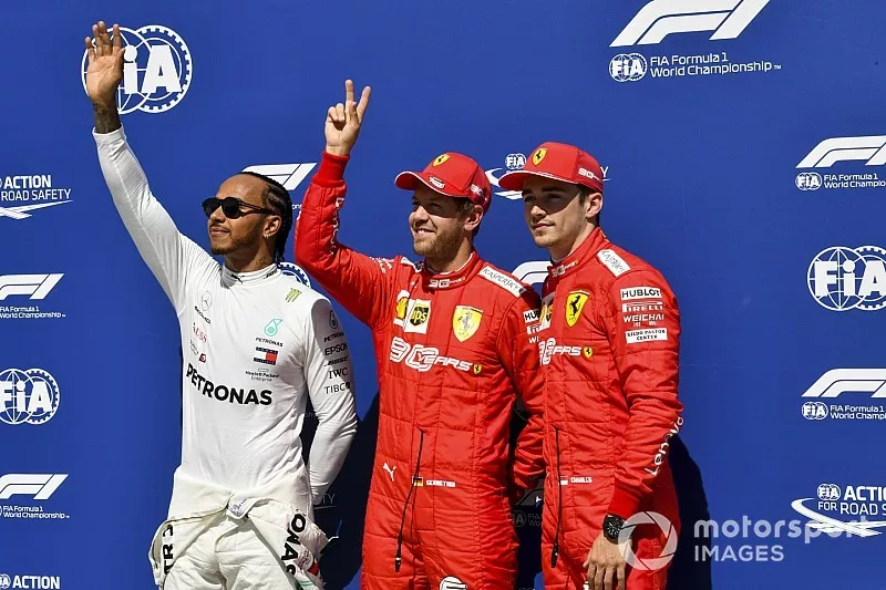 Top three Qualifiers Lewis Hamilton, Mercedes AMG F1, pole man Sebastian Vettel, Ferrari, and Charles Leclerc, Ferrari