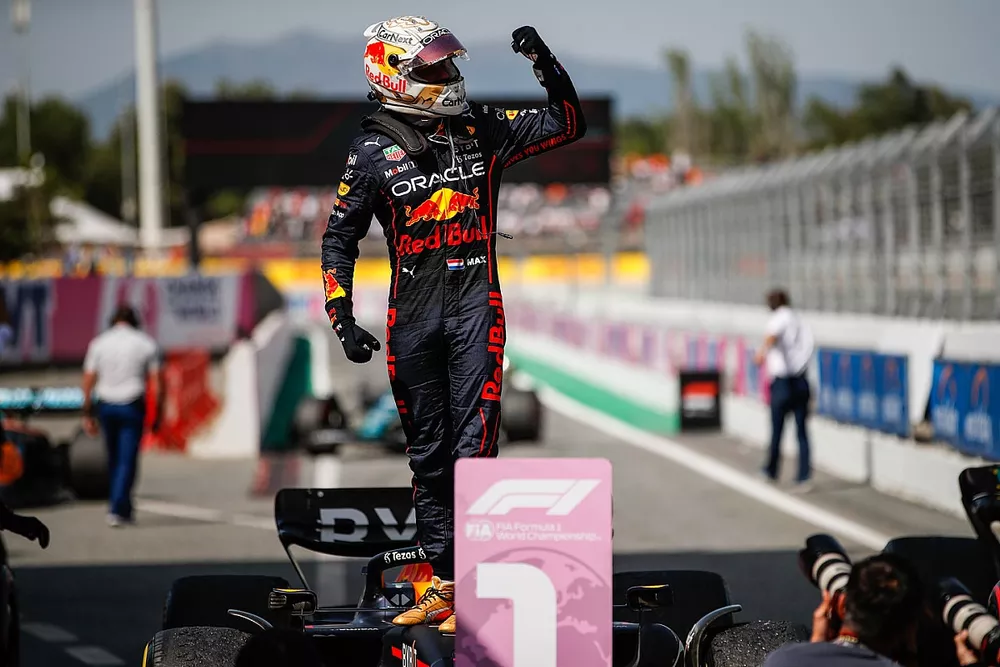 Max Verstappen, Red Bull Racing, 1st position, celebrates on arrival in Parc Ferme  