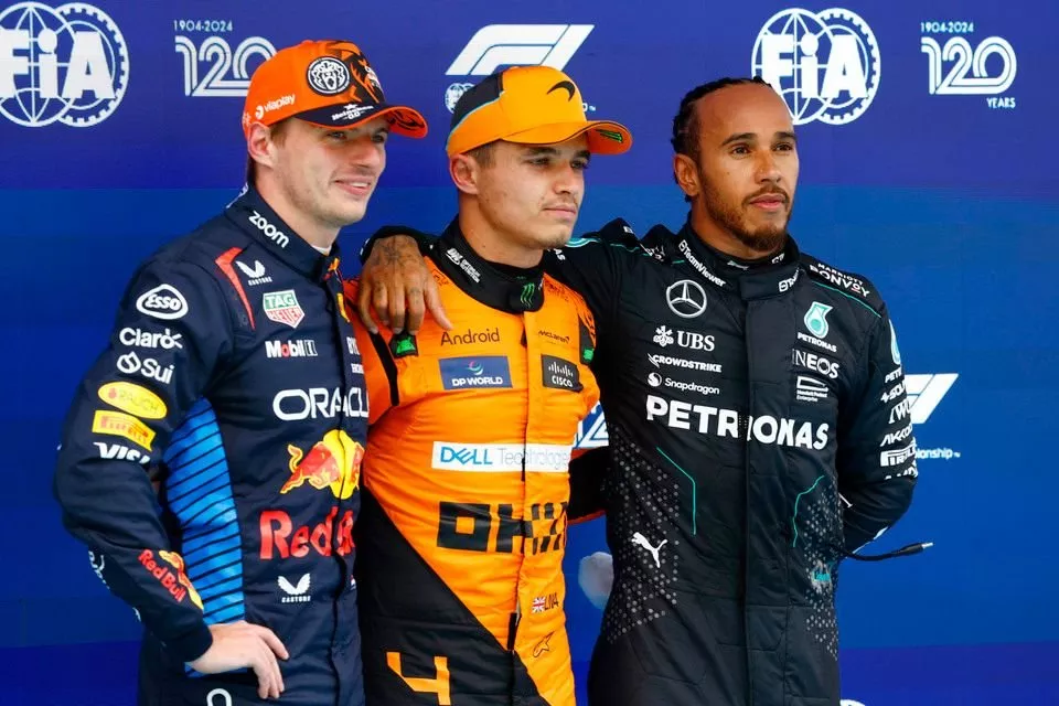 Top three Qualifiers Max Verstappen, Red Bull Racing, pole man Lando Norris, McLaren F1 Team, Lewis Hamilton, Mercedes-AMG F1 Team