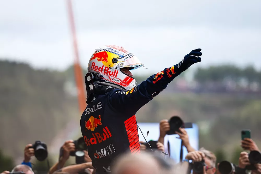 Max Verstappen, Red Bull Racing, 1st position, celebrates on arrival in Parc Ferme