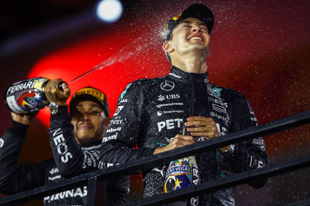 Lewis Hamilton, Mercedes-AMG F1 Team, 2nd position, sprays George Russell, Mercedes-AMG F1 Team, 1st position, with Champagne