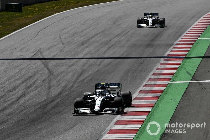Valtteri Bottas, Mercedes AMG W10, leads Lewis Hamilton, Mercedes AMG F1 W10