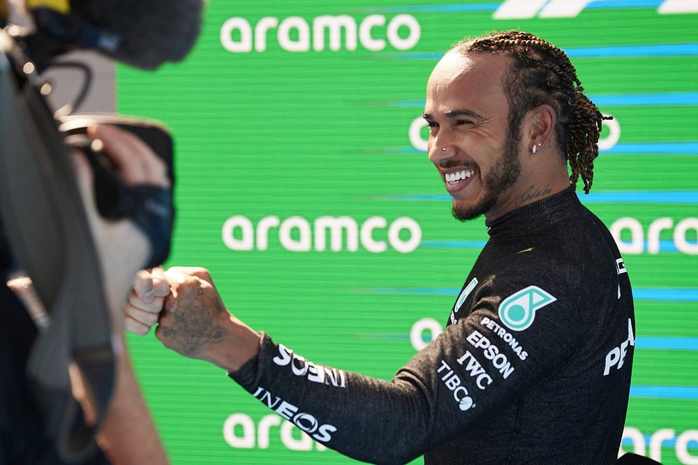 Lewis Hamilton, Mercedes, in Parc Ferme after securing his 100th F1 pole position