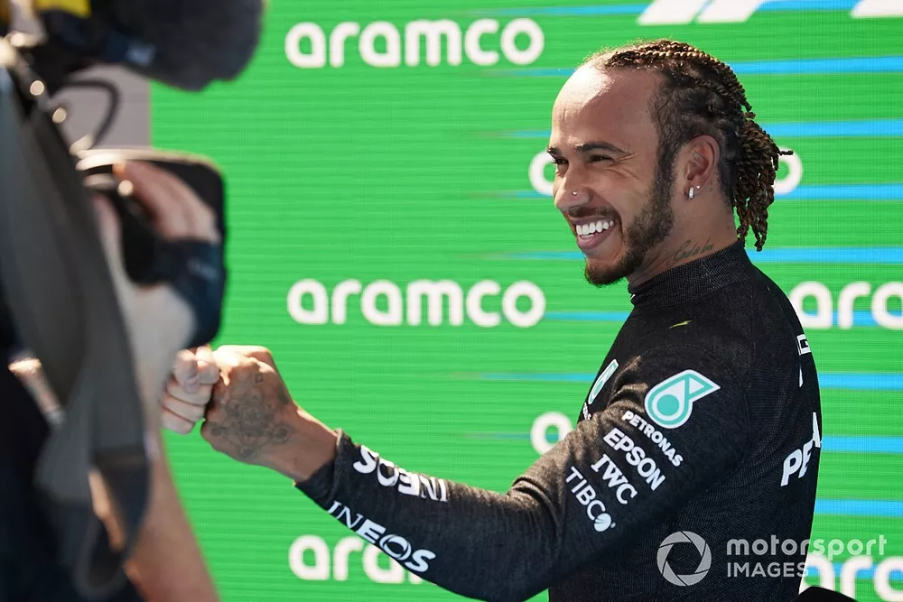 Lewis Hamilton, Mercedes, in Parc Ferme after securing his 100th F1 pole position