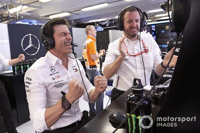 Toto Wolff, Executive Director (Business), Mercedes AMG, celebrates victory