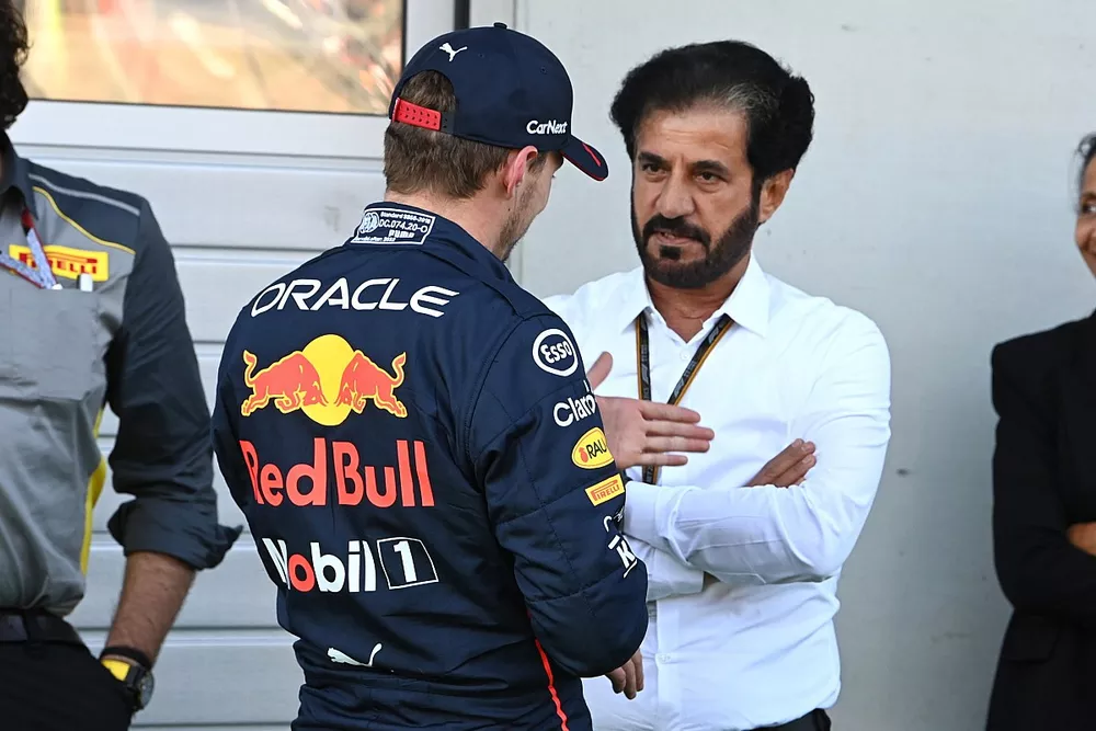 Max Verstappen, Red Bull Racing, speaks with Mohammed bin Sulayem, President, FIA