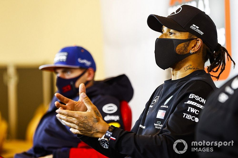 Lewis Hamilton, Mercedes-AMG F1, 1st position, and Max Verstappen, Red Bull Racing, 2nd position, in the Press Conference