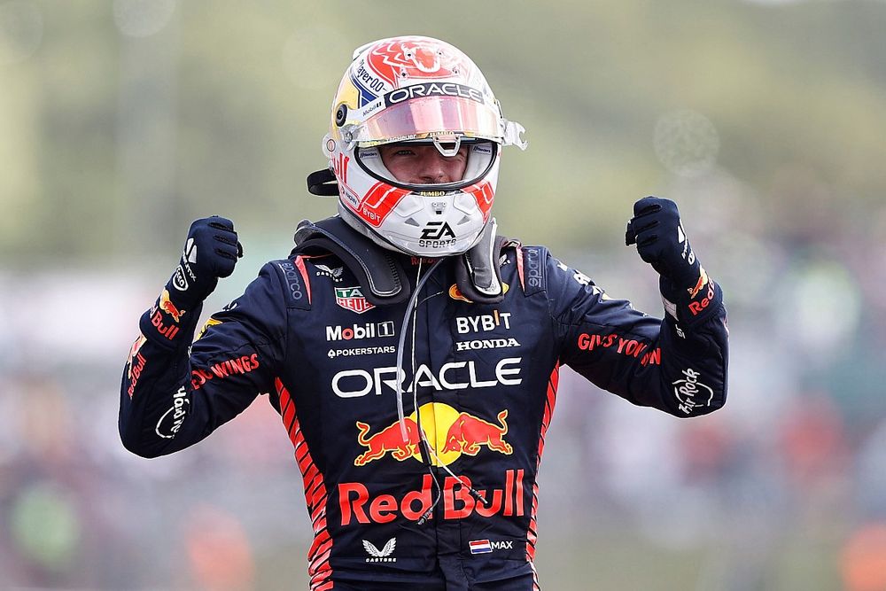 Max Verstappen, Red Bull Racing, 1st position, celebrates on arrival in Parc Ferme 
