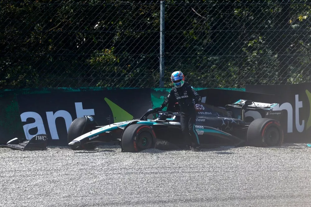 Andrea Kimi Antonelli, Mercedes F1 W15, climbs out of his damaged car after a crash in FP1