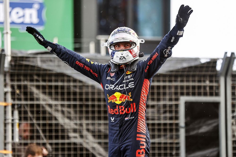 Max Verstappen, Red Bull Racing, 1st position, celebrates on arrival in Parc Ferme