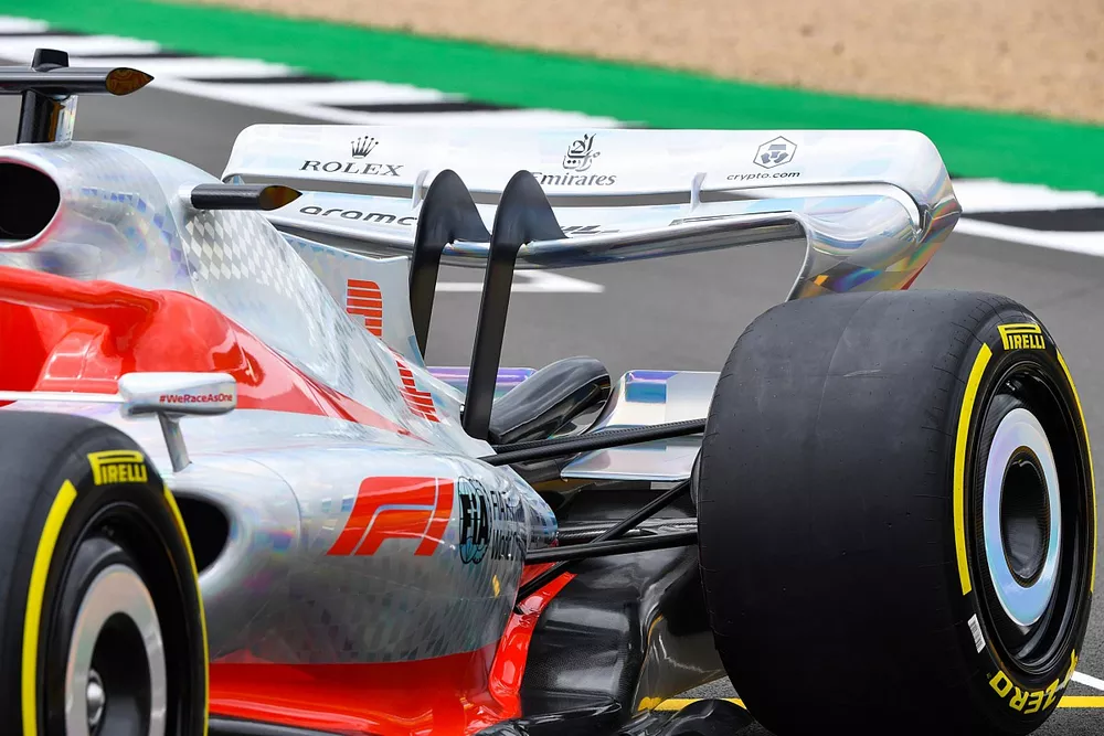 The 2022 Formula 1 car launch event on the Silverstone grid. Rear wing detail