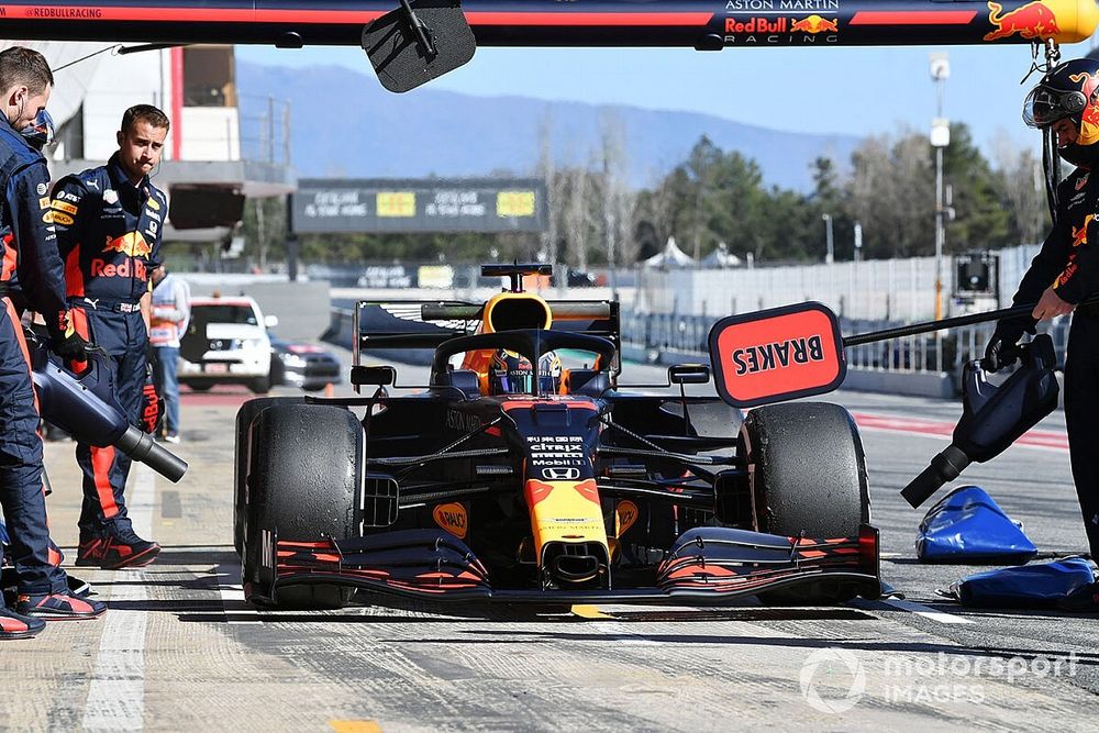 Max Verstappen, Red Bull Racing, makes a pit stop