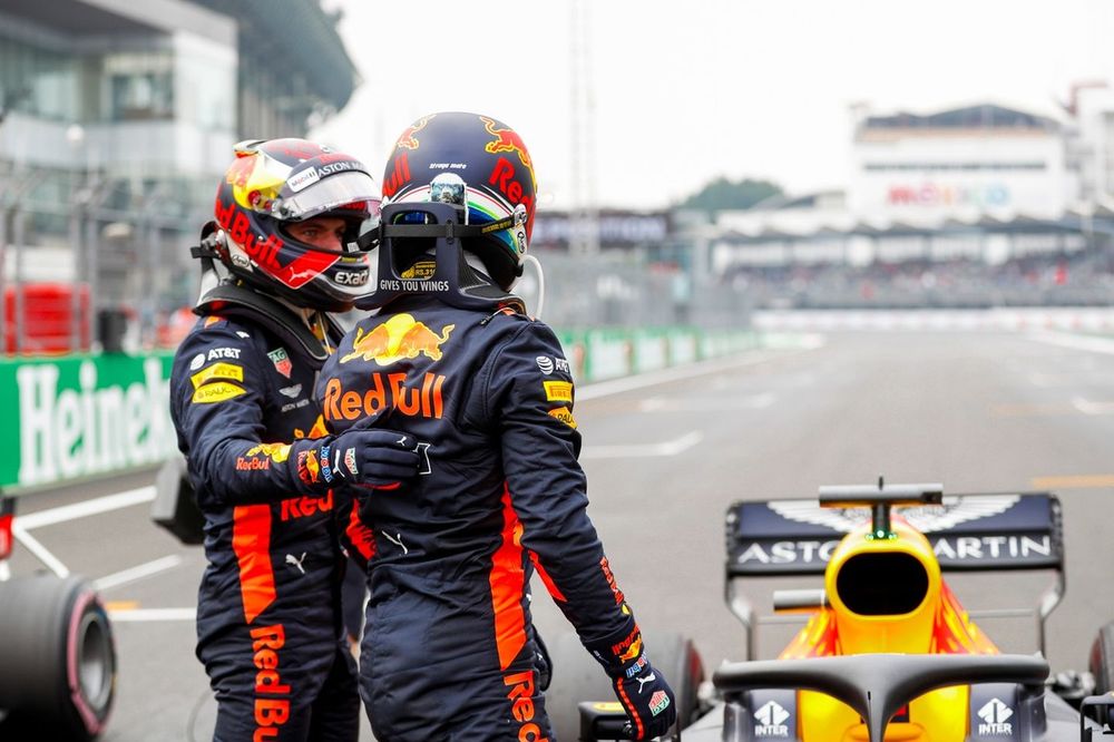 Max Verstappen, Red Bull Racing, congratulates team mate Daniel Ricciardo, Red Bull Racing, on pole