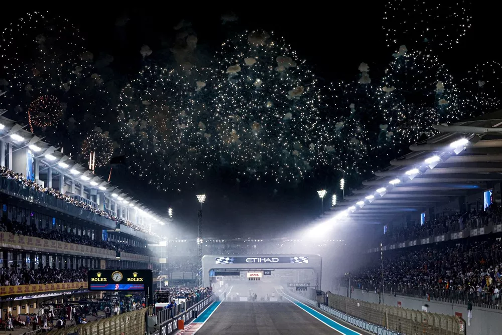 Fireworks light the sky at the end of the race