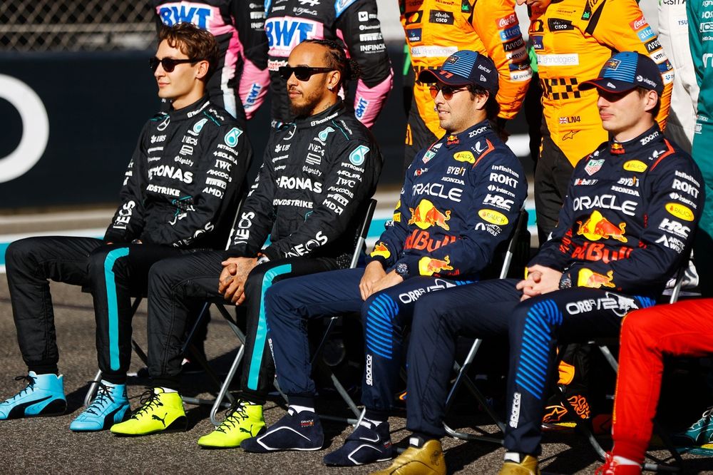 George Russell, Mercedes-AMG F1 Team, with Sir Lewis Hamilton, Mercedes-AMG F1 Team, Sergio Perez, Red Bull Racing, and Max Verstappen, Red Bull Racing, during the 2024 drivers line up