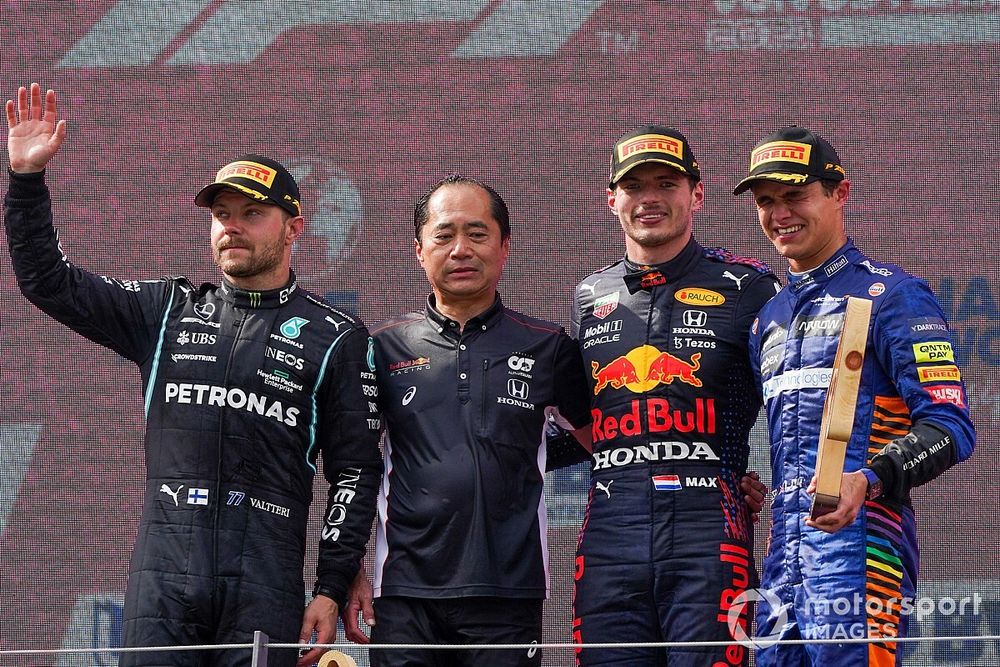 Podium: race winner Max Verstappen, Red Bull Racing, second place Valtteri Bottas, Mercedes, third place Lando Norris, McLaren