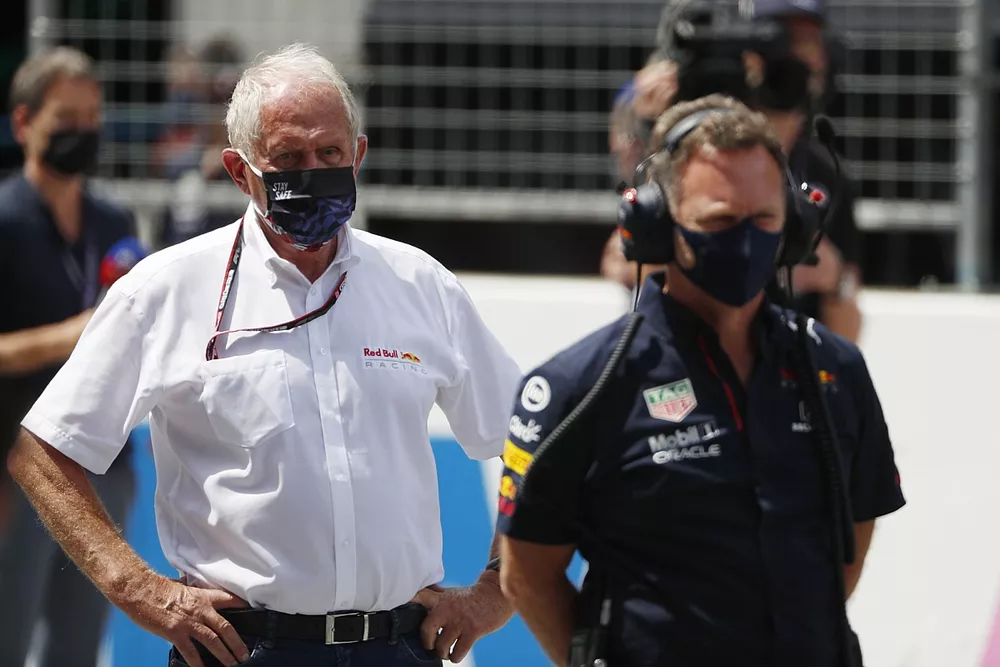 Helmut Marko, adviseur, Red Bull Racing, en Christian Horner, teambaas, Red Bull Racing