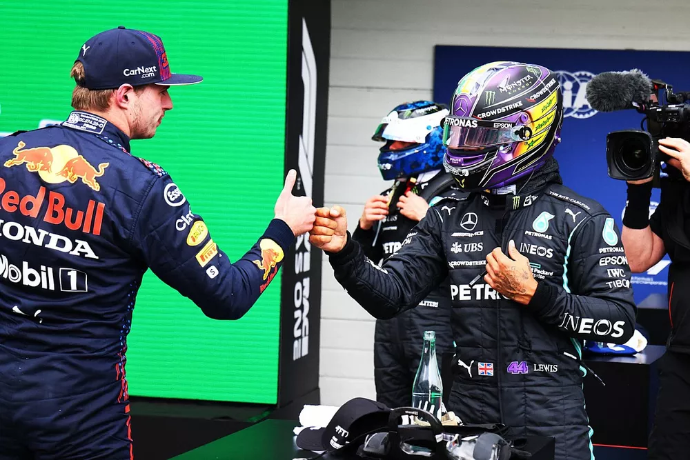 Max Verstappen, Red Bull Racing, congratulates pole man Lewis Hamilton, Mercedes, in Parc Ferme