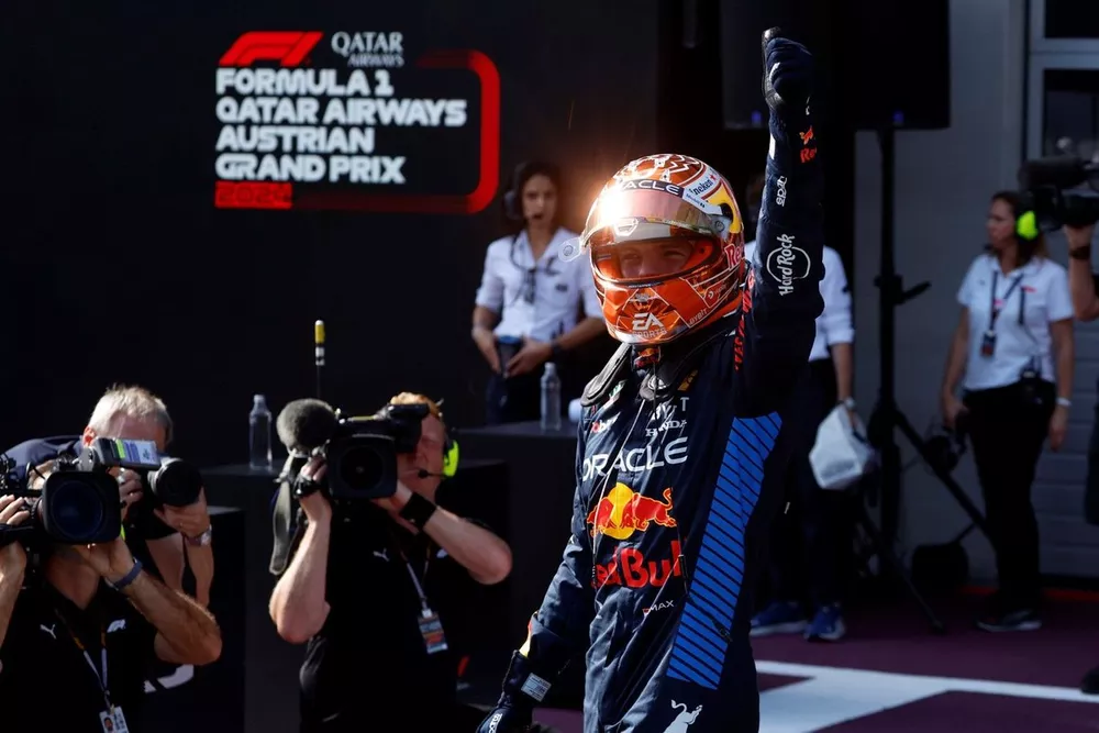 Pole man Max Verstappen, Red Bull Racing, celebrates in Parc Ferme