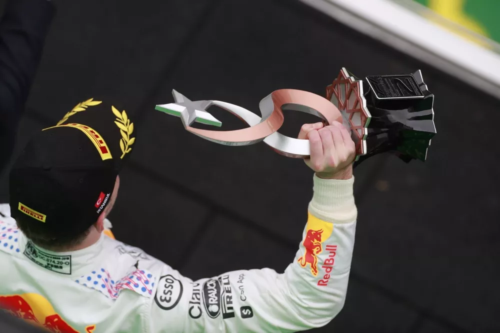 Max Verstappen, Red Bull Racing, 2nd position, with his trophy