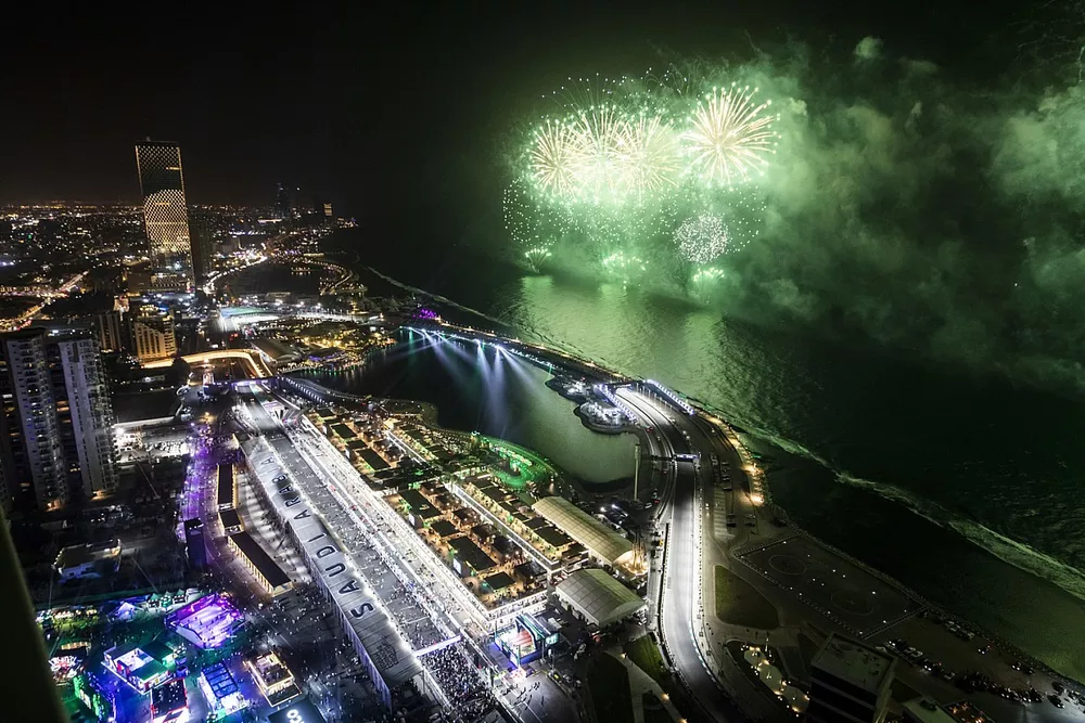 Fireworks light the sky at the end of the race