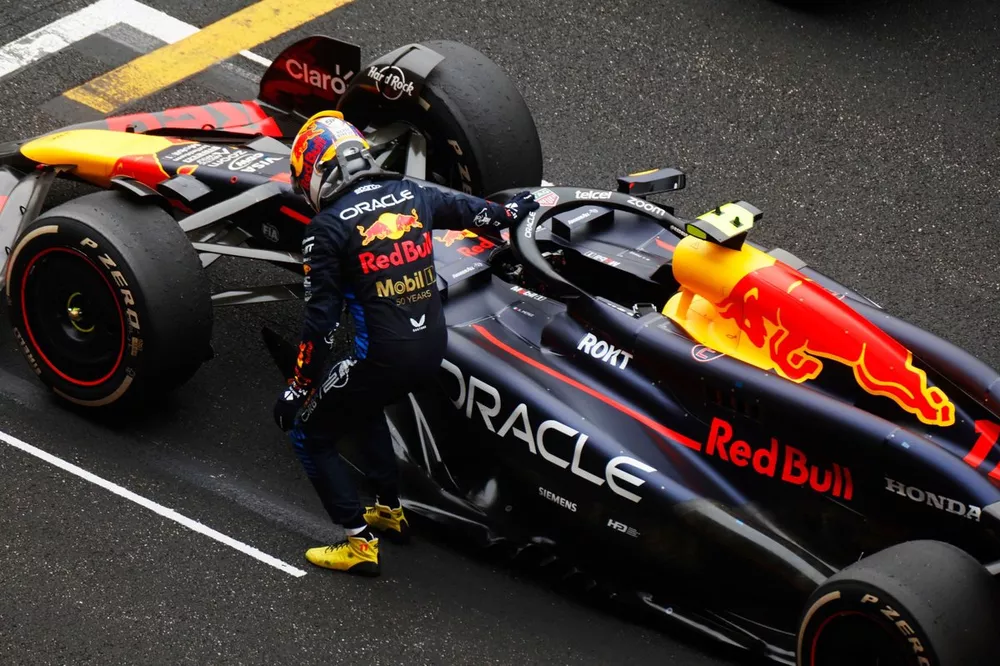 Sergio Perez, Red Bull Racing RB20, 3rd position, arrives in Parc Ferme