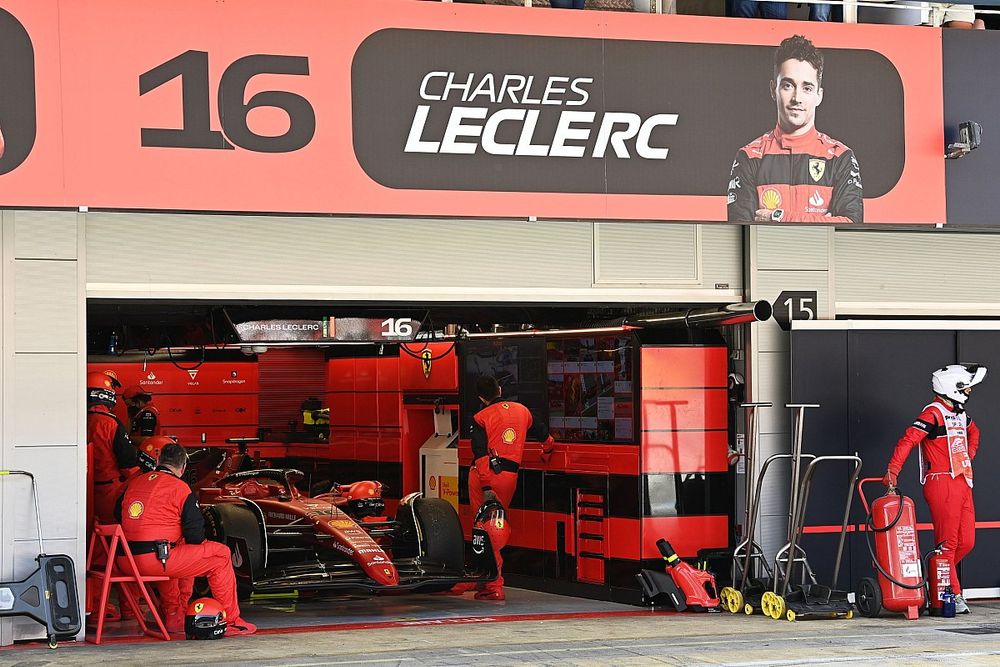 The retired car of Charles Leclerc, Ferrari F1-75, in the garage 
