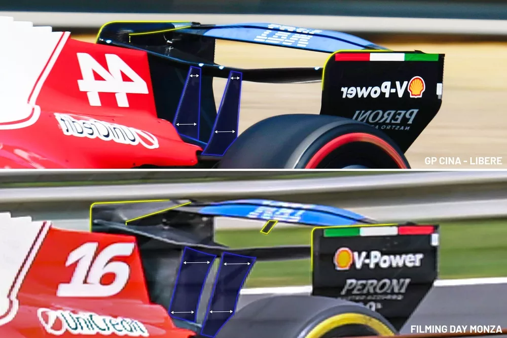 Comparaci&oacute;n del aler&oacute;n trasero del Ferrari SF-26 durante el filming day
