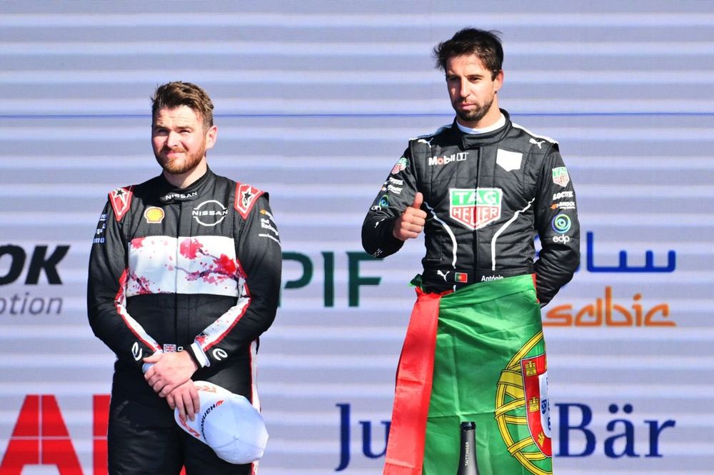 Oliver Rowland, Nissan Formula E Team, 2nd position, Antonio Felix da Costa, Porsche, 1st position, Jake Dennis, Andretti Global, 3rd position, on the podium
