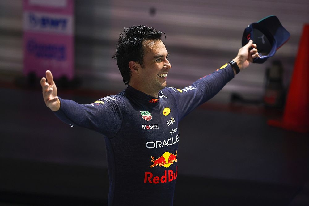 Sergio Perez, Red Bull Racing, 1st position, celebrates in Parc Ferme